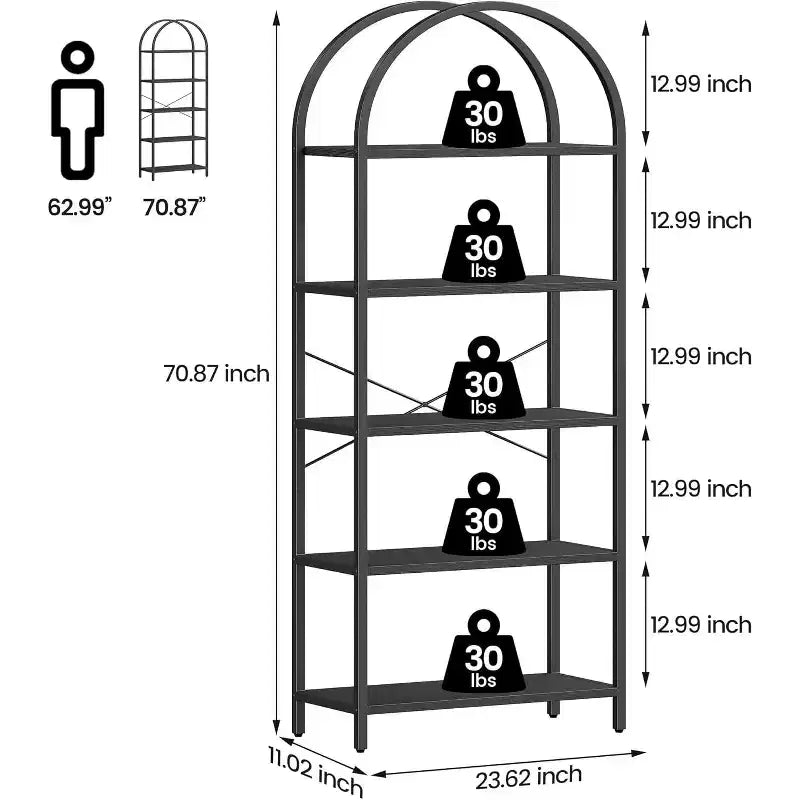 5-Tier Open Arched Bookshelf, Modern Bookcase Storage Shelves with Metal Frame, Freestanding Display Rack for Bedroom Living Room Home Office