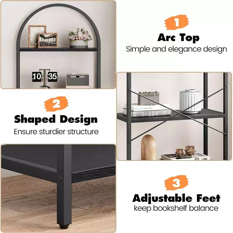 5-Tier Open Arched Bookshelf, Modern Bookcase Storage Shelves with Metal Frame, Freestanding Display Rack for Bedroom Living Room Home Office