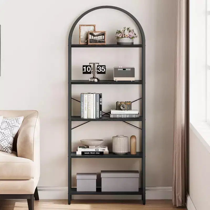 5 Katlı Açık Kemerli Kitaplık, Metal Çerçeveli Modern Kitap Rafları, Yatak Odası, Oturma Odası, Ev Ofisi için Ayakta Durabilen Sergi Rafı