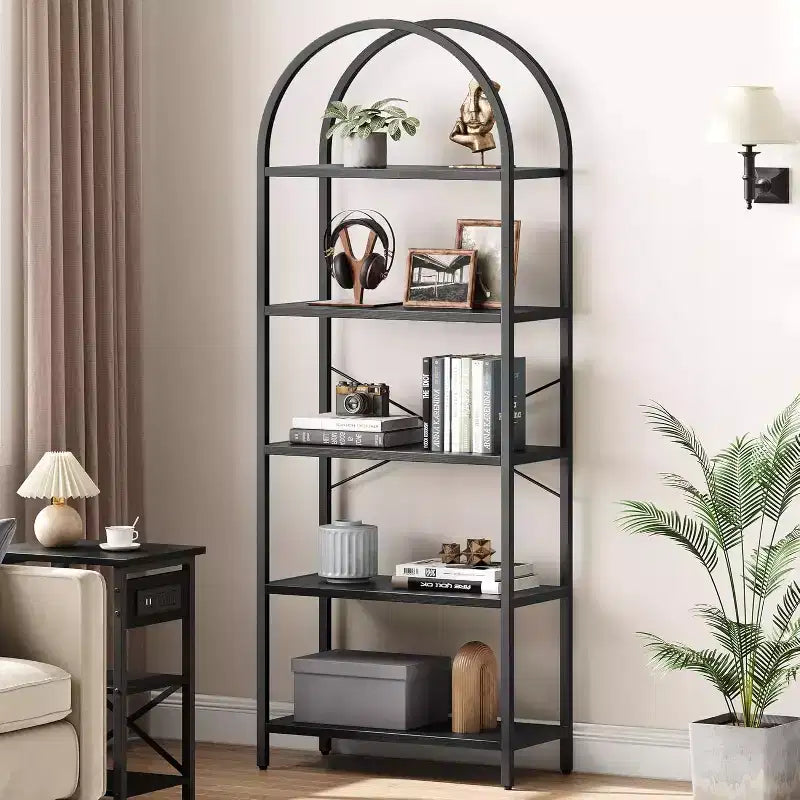 5 Katlı Açık Kemerli Kitaplık, Metal Çerçeveli Modern Kitap Rafları, Yatak Odası, Oturma Odası, Ev Ofisi için Ayakta Durabilen Sergi Rafı