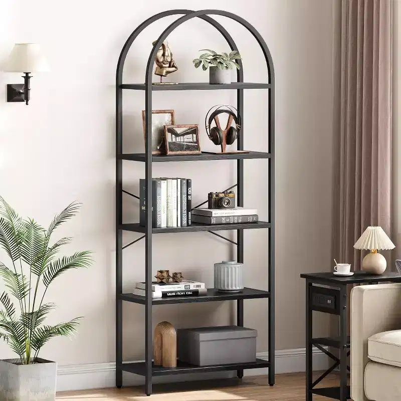 5 Katlı Açık Kemerli Kitaplık, Metal Çerçeveli Modern Kitap Rafları, Yatak Odası, Oturma Odası, Ev Ofisi için Ayakta Durabilen Sergi Rafı