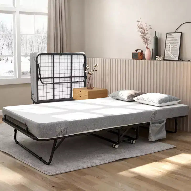 Lit pliant avec matelas, lit pliable portable sur roues avec poche de rangement latérale