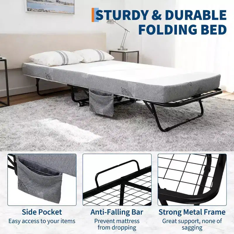Lit pliant avec matelas, lit pliable portable sur roues avec poche de rangement latérale