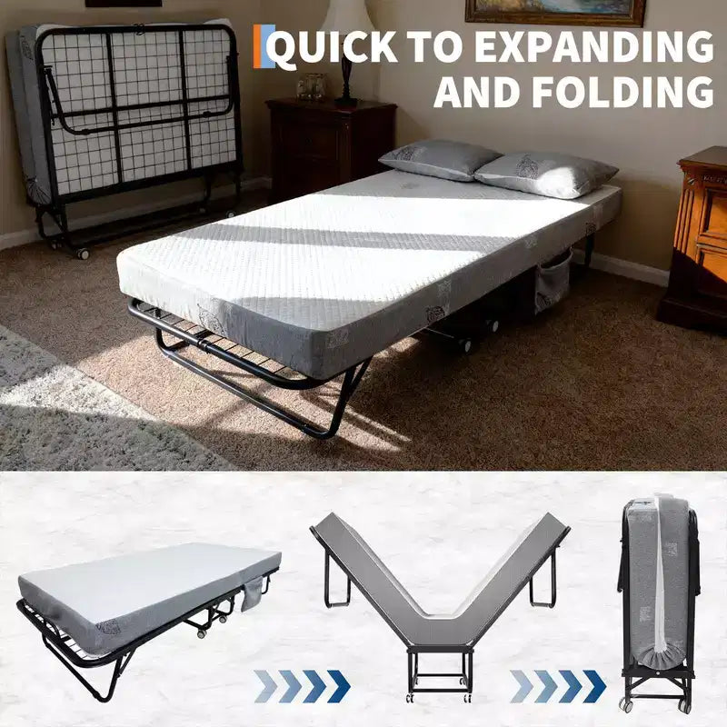 Lit pliant avec matelas, lit pliable portable sur roues avec poche de rangement latérale