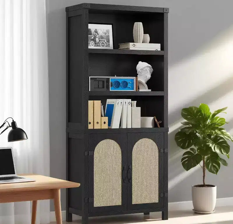 Bookshelf and Bookcase with Doors, 71 in Tall Bookshelf with Storage Cabinets for Home Office