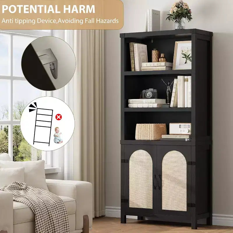 Bookshelf and Bookcase with Doors, 71 in Tall Bookshelf with Storage Cabinets for Home Office
