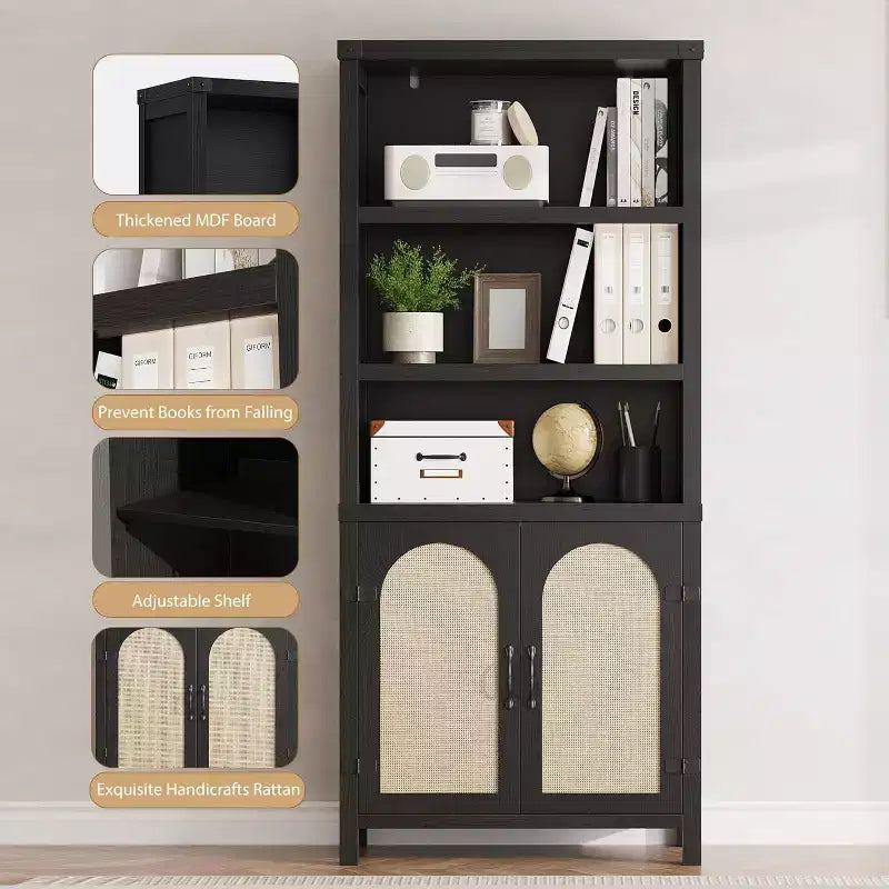 Bookshelf and Bookcase with Doors, 71 in Tall Bookshelf with Storage Cabinets for Home Office