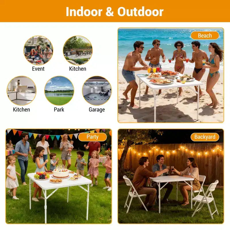 34 Zoll quadratischer Klapptisch, multifunktionaler tragbarer faltbarer Kartentisch mit Tragegriff für Innen- und Außenbereich, Camping, Kunststoff-Tischplatte