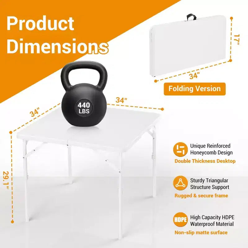 Table pliante carrée 34 pouces, table pliante multifonctionnelle portable avec poignée de transport pour usage intérieur et extérieur, plateau en plastique