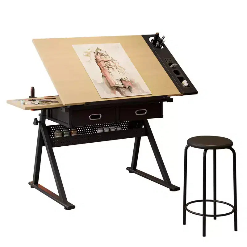 Height Adjustable Drafting Table with Stool and Storage Drawers