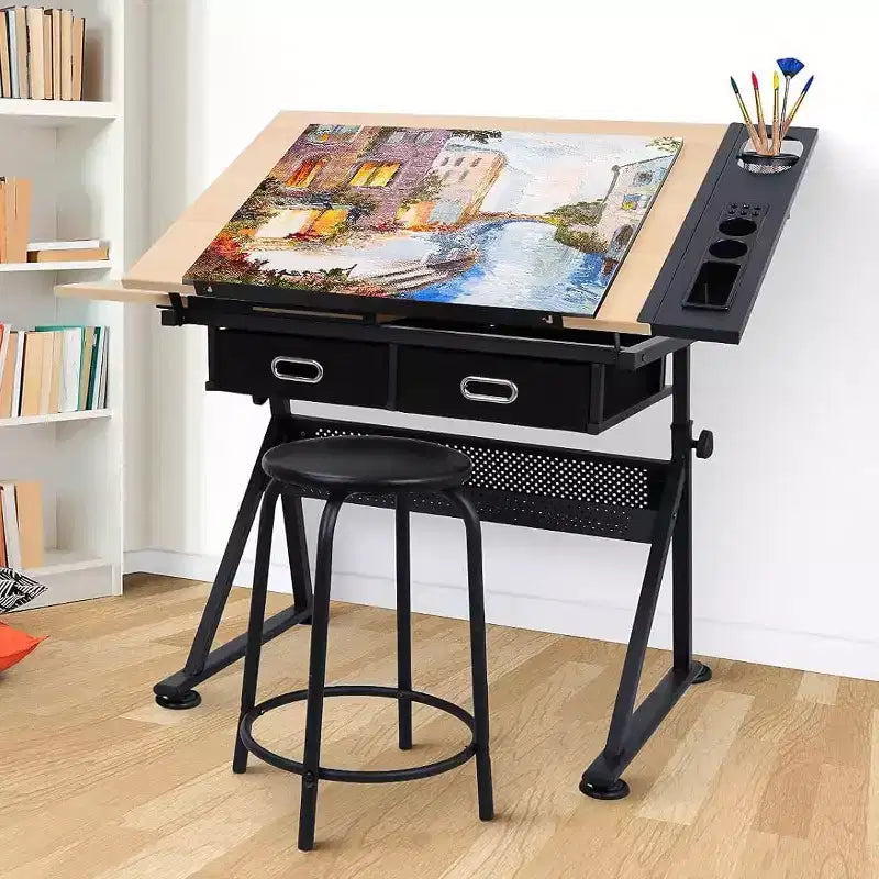 Height Adjustable Drafting Table with Stool and Storage Drawers