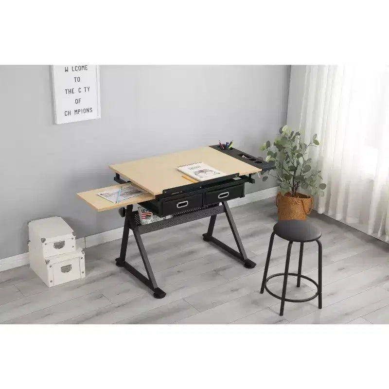 Height Adjustable Drafting Table with Stool and Storage Drawers