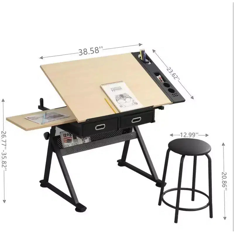 Height Adjustable Drafting Table with Stool and Storage Drawers