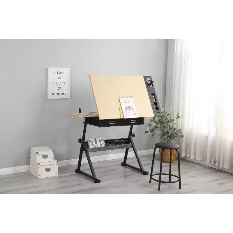 Height Adjustable Drafting Table with Stool and Storage Drawers