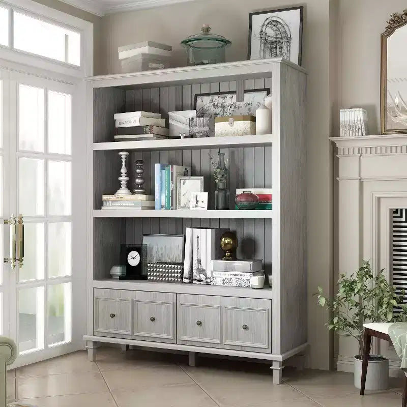 Light Gray Vintage Display Cabinet, Retro Bookcase with 3 Open Shelves & 4 Drawers