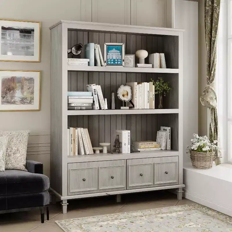 Light Gray Vintage Display Cabinet, Retro Bookcase with 3 Open Shelves & 4 Drawers