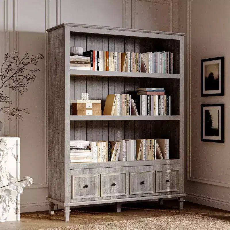 Light Gray Vintage Display Cabinet, Retro Bookcase with 3 Open Shelves & 4 Drawers