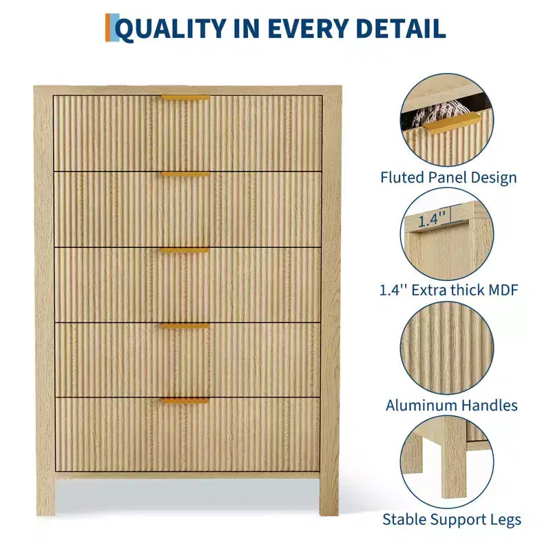 Geriffelte Kommode mit 5 Schubladen, 45" hohe schlanke Holzkommode für kleine Räume, moderner Landhausstil