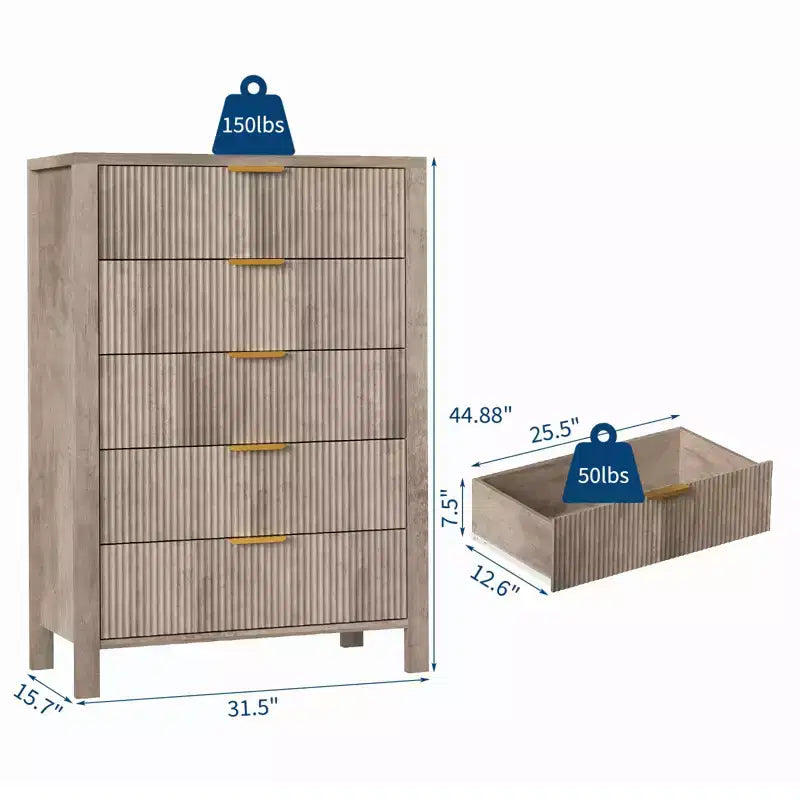 Geriffelte Kommode mit 5 Schubladen, 45" hohe schlanke Holzkommode für kleine Räume, moderner Landhausstil