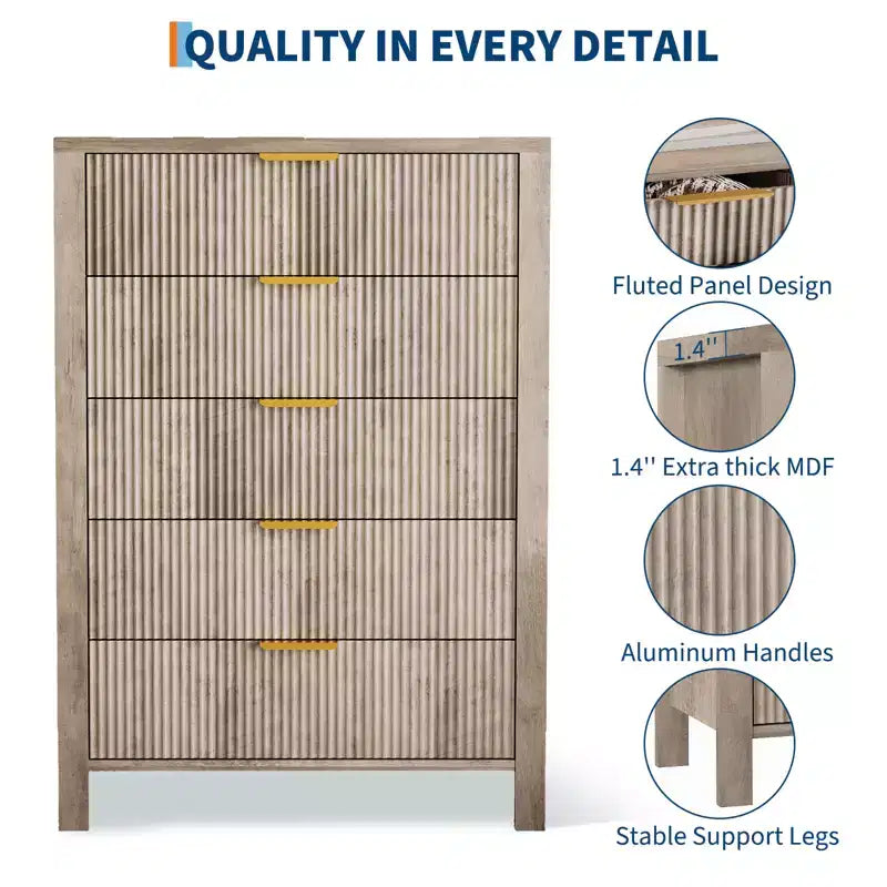Geriffelte Kommode mit 5 Schubladen, 45" hohe schlanke Holzkommode für kleine Räume, moderner Landhausstil