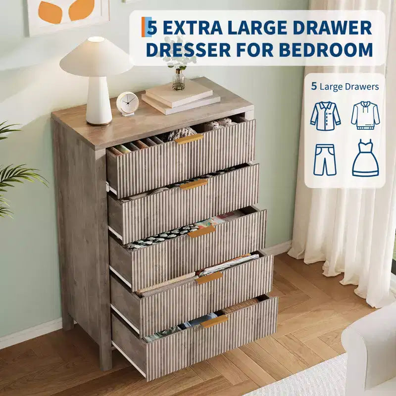Geriffelte Kommode mit 5 Schubladen, 45" hohe schlanke Holzkommode für kleine Räume, moderner Landhausstil