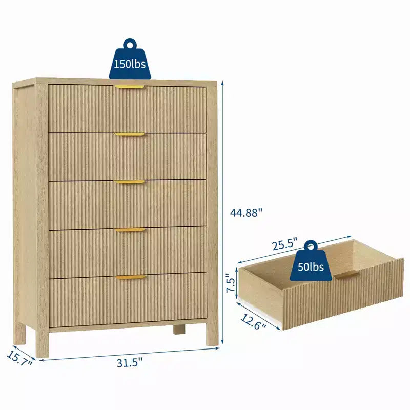 Geriffelte Kommode mit 5 Schubladen, 45" hohe schlanke Holzkommode für kleine Räume, moderner Landhausstil