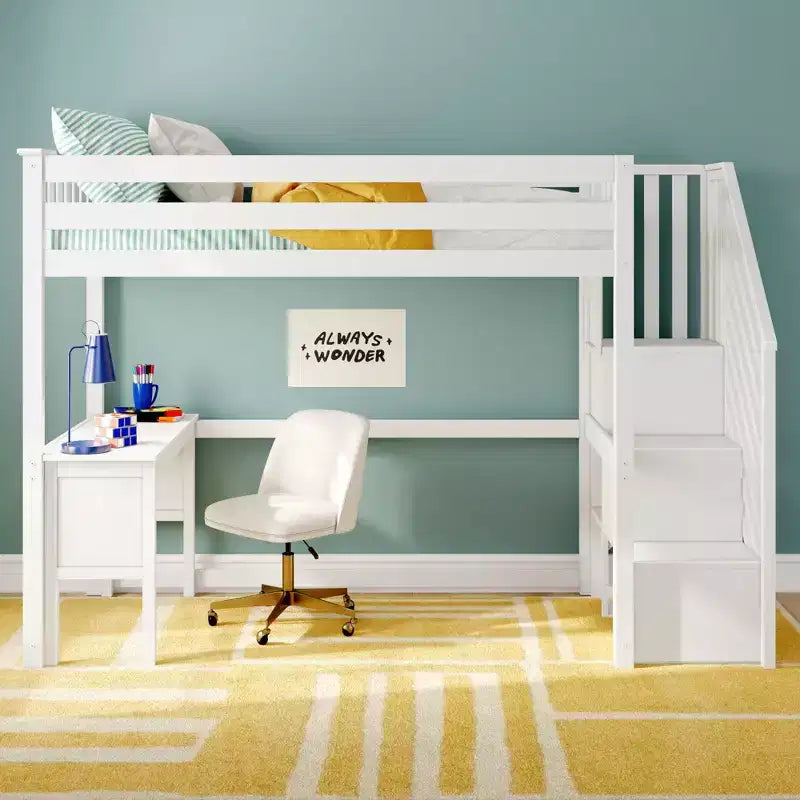 Klassisches Hochbett für Einzelbett (Leiter am Ende) + Schreibtisch + Treppe