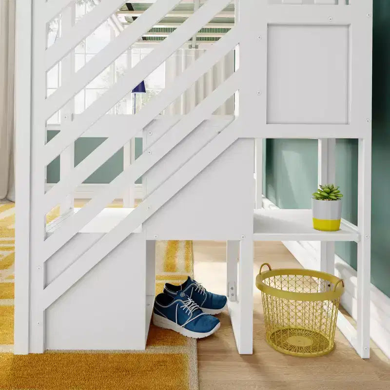 Klassisches Hochbett für Einzelbett (Leiter am Ende) + Schreibtisch + Treppe