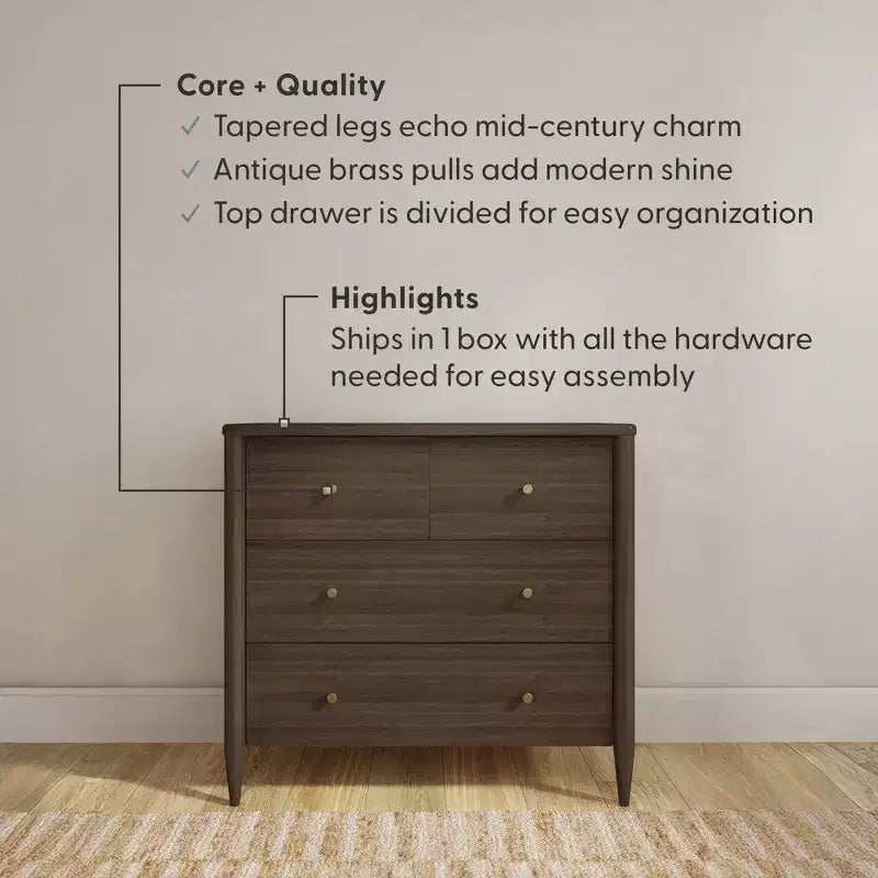 3-laden commode met verdeelde bovenlade, mid-century modern