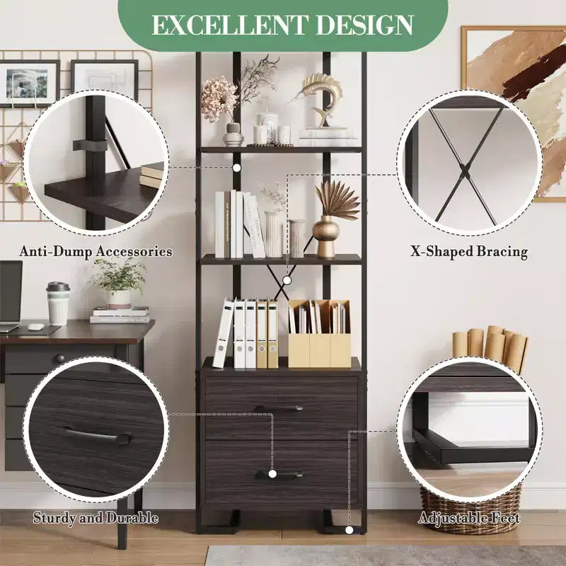 3-stöckiges Bücherregal, Bücherregal-Aufbewahrungsorganizer, Holzregal mit 2 Schubladen, industrielles Stehregal für Büro, Schlafzimmer, Wohnzimmer, Braun