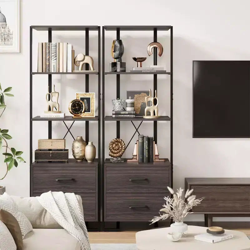 3-stöckiges Bücherregal, Bücherregal-Aufbewahrungsorganizer, Holzregal mit 2 Schubladen, industrielles Stehregal für Büro, Schlafzimmer, Wohnzimmer, Braun