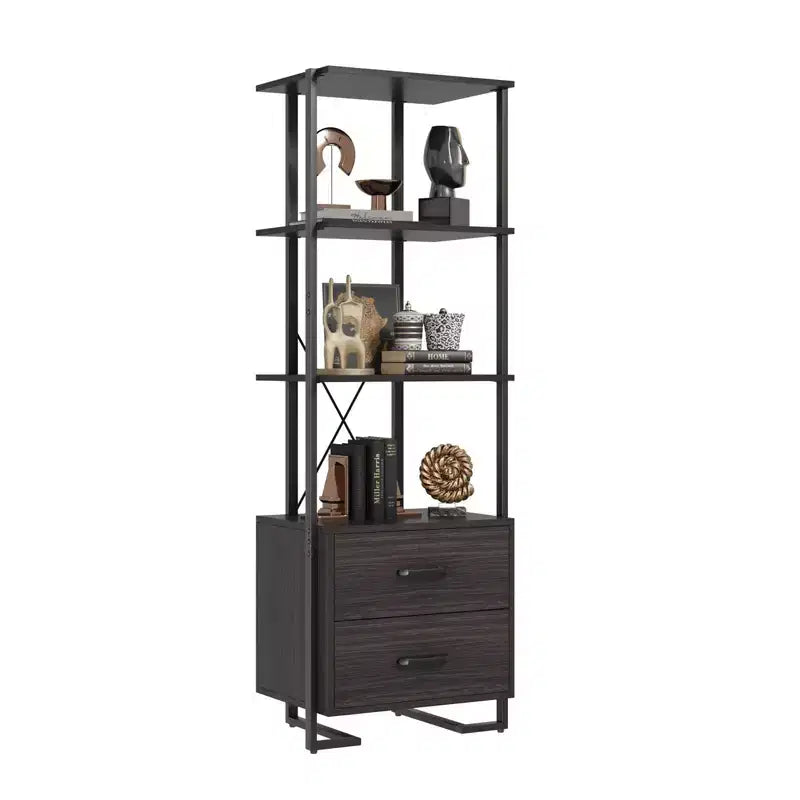 3-stöckiges Bücherregal, Bücherregal-Aufbewahrungsorganizer, Holzregal mit 2 Schubladen, industrielles Stehregal für Büro, Schlafzimmer, Wohnzimmer, Braun