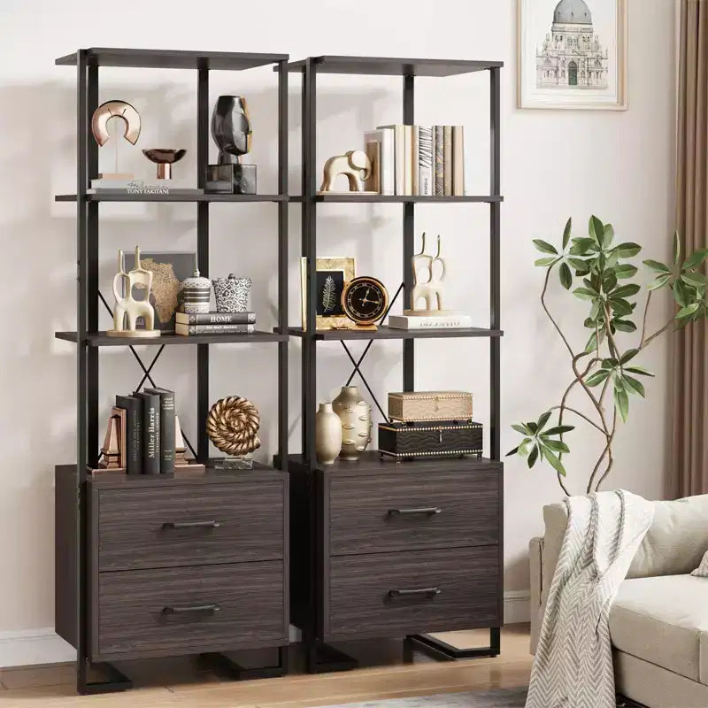 3-stöckiges Bücherregal, Bücherregal-Aufbewahrungsorganizer, Holzregal mit 2 Schubladen, industrielles Stehregal für Büro, Schlafzimmer, Wohnzimmer, Braun