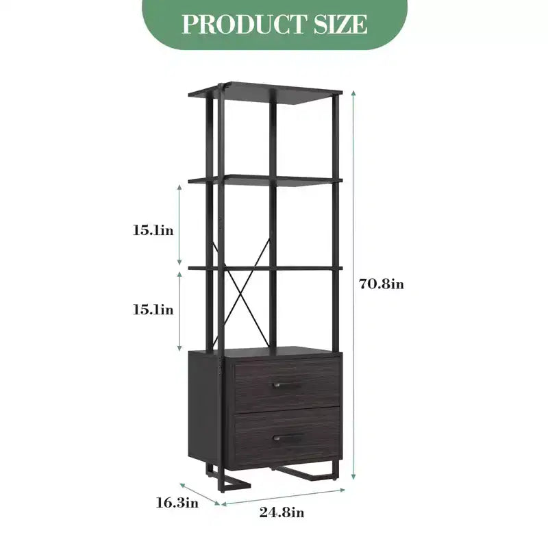 3-stöckiges Bücherregal, Bücherregal-Aufbewahrungsorganizer, Holzregal mit 2 Schubladen, industrielles Stehregal für Büro, Schlafzimmer, Wohnzimmer, Braun