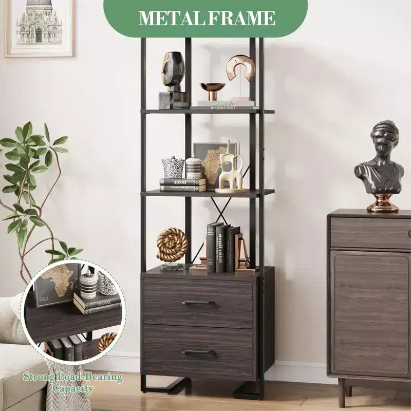 3-stöckiges Bücherregal, Bücherregal-Aufbewahrungsorganizer, Holzregal mit 2 Schubladen, industrielles Stehregal für Büro, Schlafzimmer, Wohnzimmer, Braun