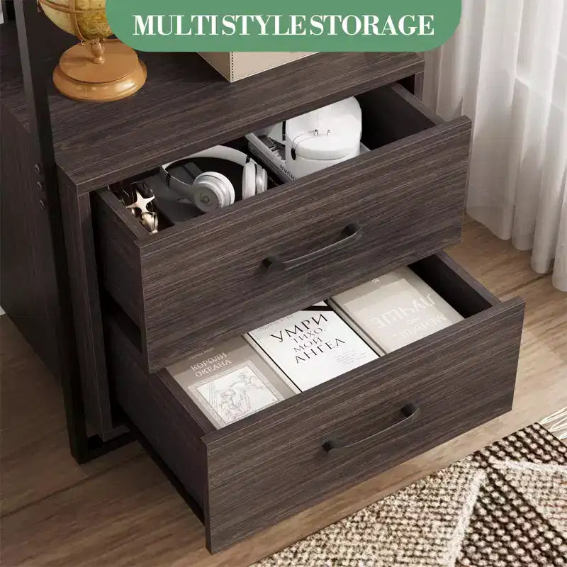 3-stöckiges Bücherregal, Bücherregal-Aufbewahrungsorganizer, Holzregal mit 2 Schubladen, industrielles Stehregal für Büro, Schlafzimmer, Wohnzimmer, Braun