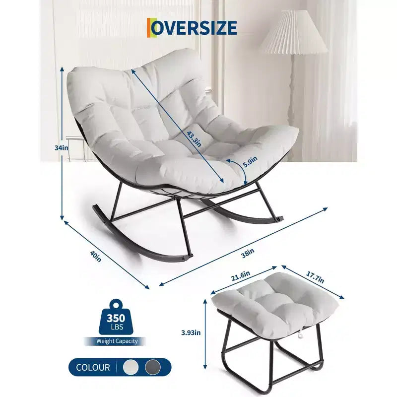 Übergroßer Lounge-Sessel mit Fußstütze, Outdoor Papasan Schaukelstuhl mit Ottoman und stabilem Metallrahmen, Patio Rattan-Ei-Schaukelstuhl