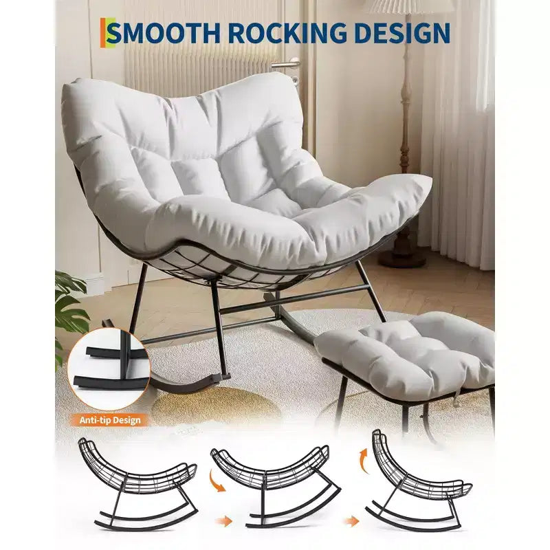 Übergroßer Lounge-Sessel mit Fußstütze, Outdoor Papasan Schaukelstuhl mit Ottoman und stabilem Metallrahmen, Patio Rattan-Ei-Schaukelstuhl