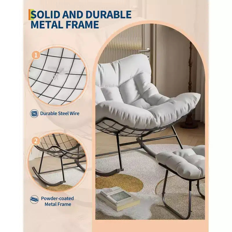 Übergroßer Lounge-Sessel mit Fußstütze, Outdoor Papasan Schaukelstuhl mit Ottoman und stabilem Metallrahmen, Patio Rattan-Ei-Schaukelstuhl