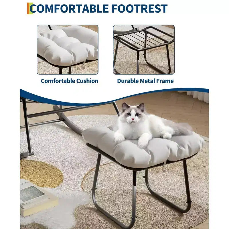 Übergroßer Lounge-Sessel mit Fußstütze, Outdoor Papasan Schaukelstuhl mit Ottoman und stabilem Metallrahmen, Patio Rattan-Ei-Schaukelstuhl