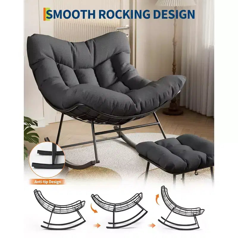 Übergroßer Lounge-Sessel mit Fußstütze, Outdoor Papasan Schaukelstuhl mit Ottoman und stabilem Metallrahmen, Patio Rattan-Ei-Schaukelstuhl