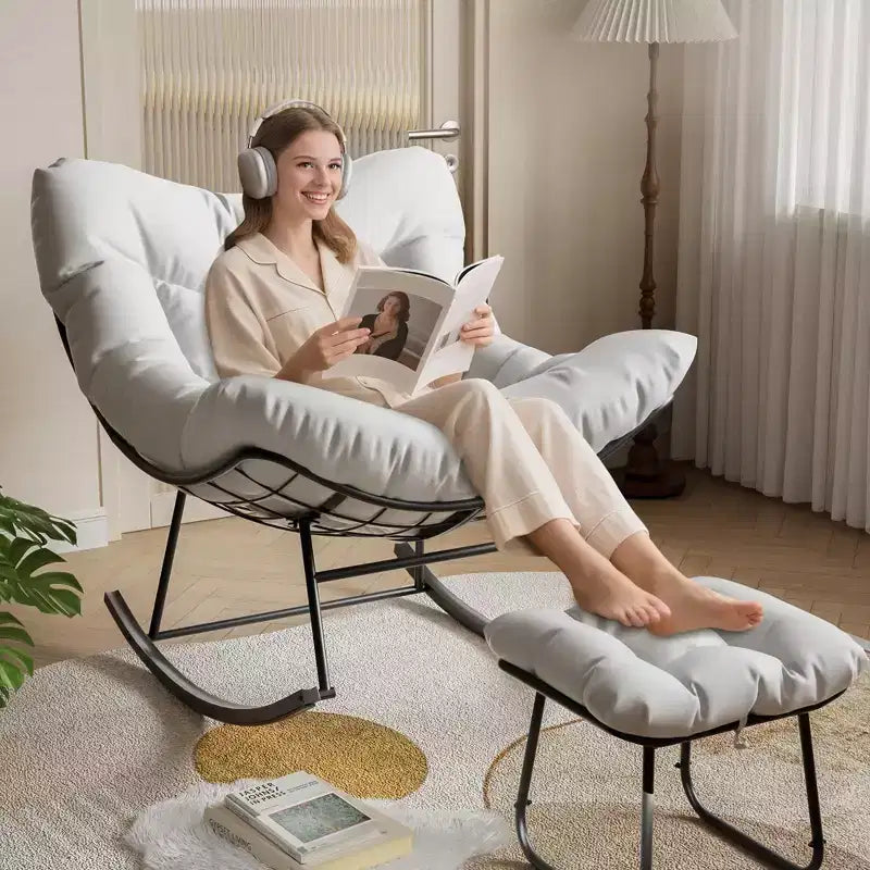 Übergroßer Lounge-Sessel mit Fußstütze, Outdoor Papasan Schaukelstuhl mit Ottoman und stabilem Metallrahmen, Patio Rattan-Ei-Schaukelstuhl