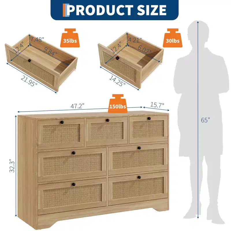 Rattan-Kommode mit 7 Schubladen fürs Schlafzimmer, moderne Bauernhaus-Kommoden & Schubladenschränke, für Kleiderschrank, Wohnzimmer, Eingangsbereich, Flur, Eiche