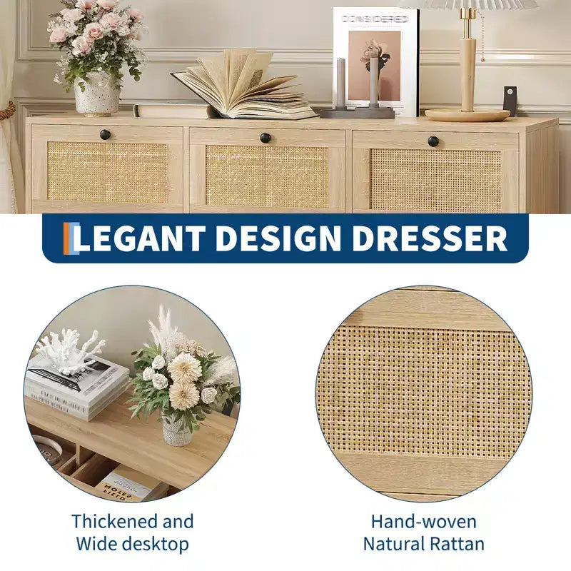 Rattan-Kommode mit 7 Schubladen fürs Schlafzimmer, moderne Bauernhaus-Kommoden & Schubladenschränke, für Kleiderschrank, Wohnzimmer, Eingangsbereich, Flur, Eiche