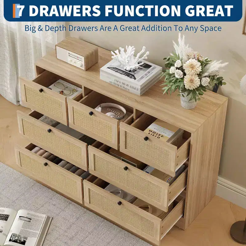 Rattan-Kommode mit 7 Schubladen fürs Schlafzimmer, moderne Bauernhaus-Kommoden & Schubladenschränke, für Kleiderschrank, Wohnzimmer, Eingangsbereich, Flur, Eiche