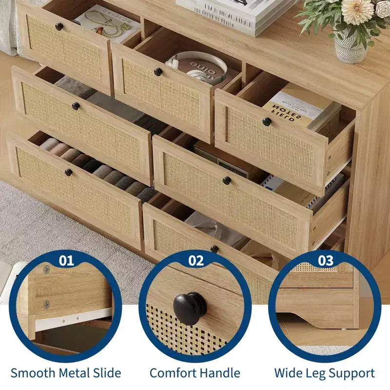 Rattan-Kommode mit 7 Schubladen fürs Schlafzimmer, moderne Bauernhaus-Kommoden & Schubladenschränke, für Kleiderschrank, Wohnzimmer, Eingangsbereich, Flur, Eiche