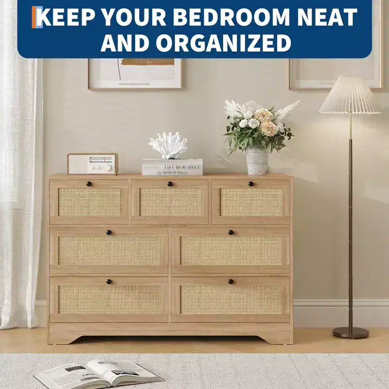 Rattan-Kommode mit 7 Schubladen fürs Schlafzimmer, moderne Bauernhaus-Kommoden & Schubladenschränke, für Kleiderschrank, Wohnzimmer, Eingangsbereich, Flur, Eiche