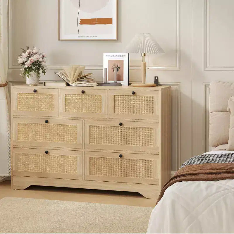 Rattan-Kommode mit 7 Schubladen fürs Schlafzimmer, moderne Bauernhaus-Kommoden & Schubladenschränke, für Kleiderschrank, Wohnzimmer, Eingangsbereich, Flur, Eiche