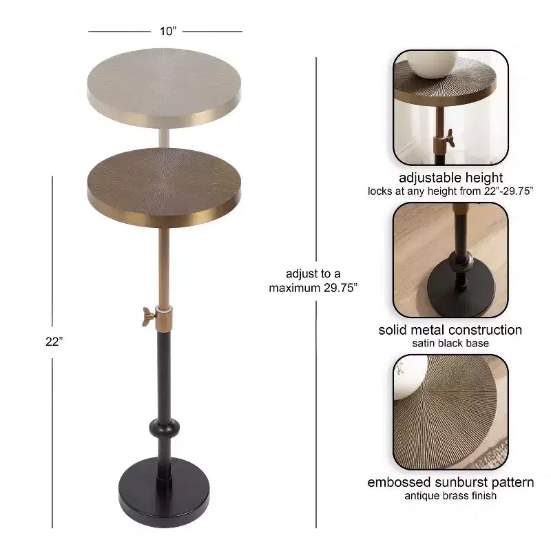 Adjustable Embossed Metal Accent Table and Plant Stand, 10x10x30, Gold and Black