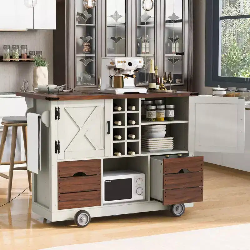 Isola cucina con piano ribaltabile e presa elettrica, 2 ante e 2 cassetti, carrello da cucina